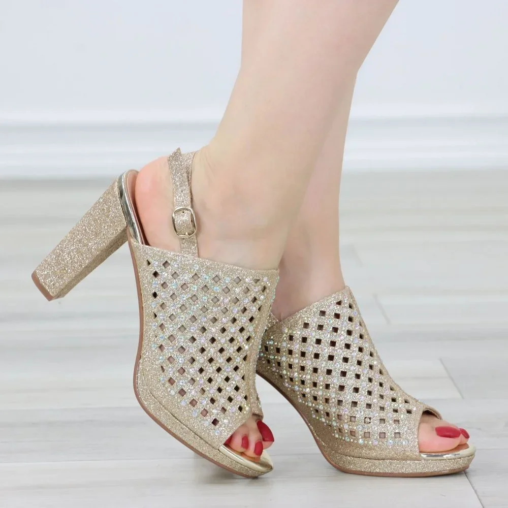 Sparkly Rhinestone Glitter Champagne Platform High Heels Open Toe Party Shoes - Picture 8 of 12